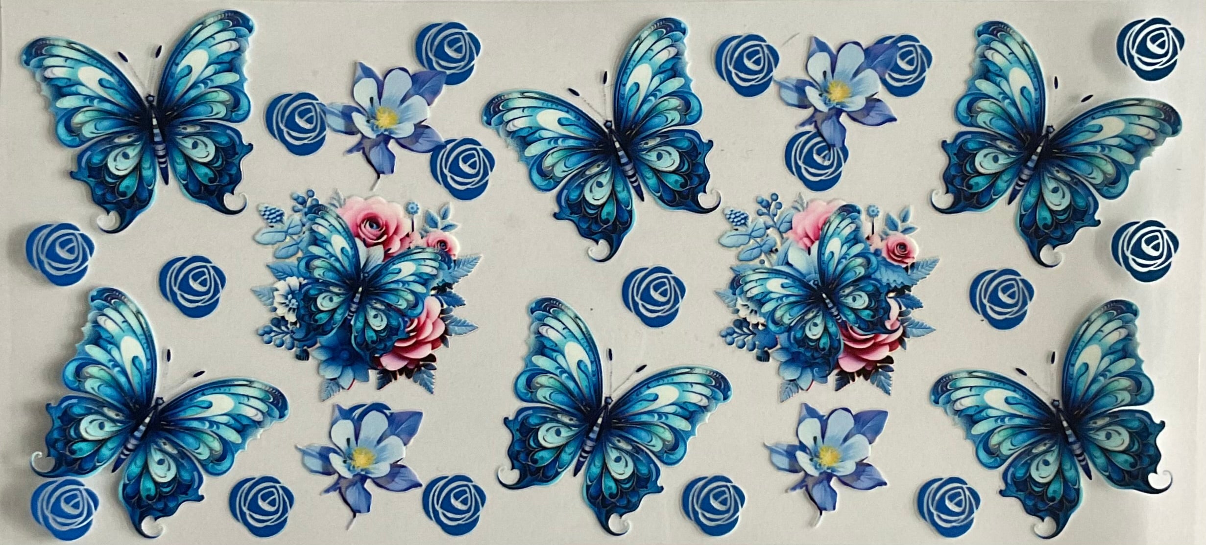 Blue butterflies and flowers