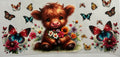 Highland cow, butterflies and flowers