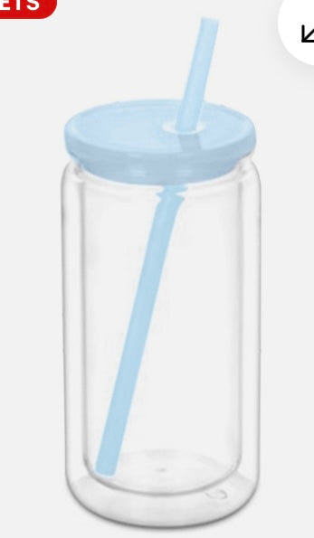 16oz cup with coloured lid and straw